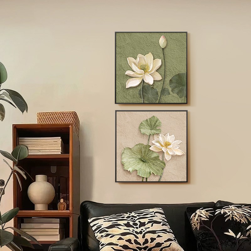 新中式荷花餐厅装饰画玄关过道走廊壁画客厅茶室背Y景墙卧室挂画图片