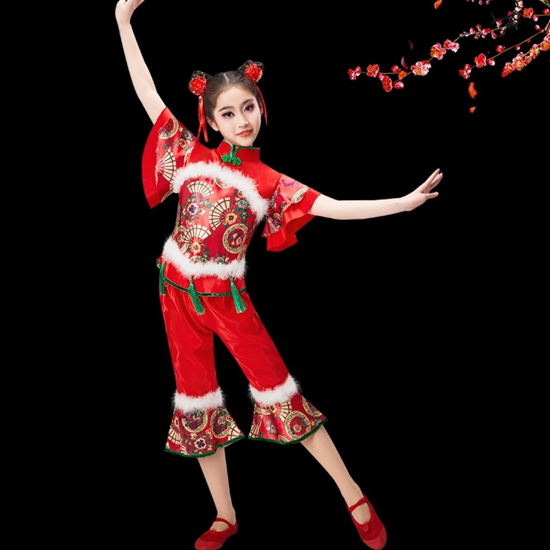 六一儿童喜庆开门红扇子舞演出服女童灯笼K秧歌服中国红舞蹈表演