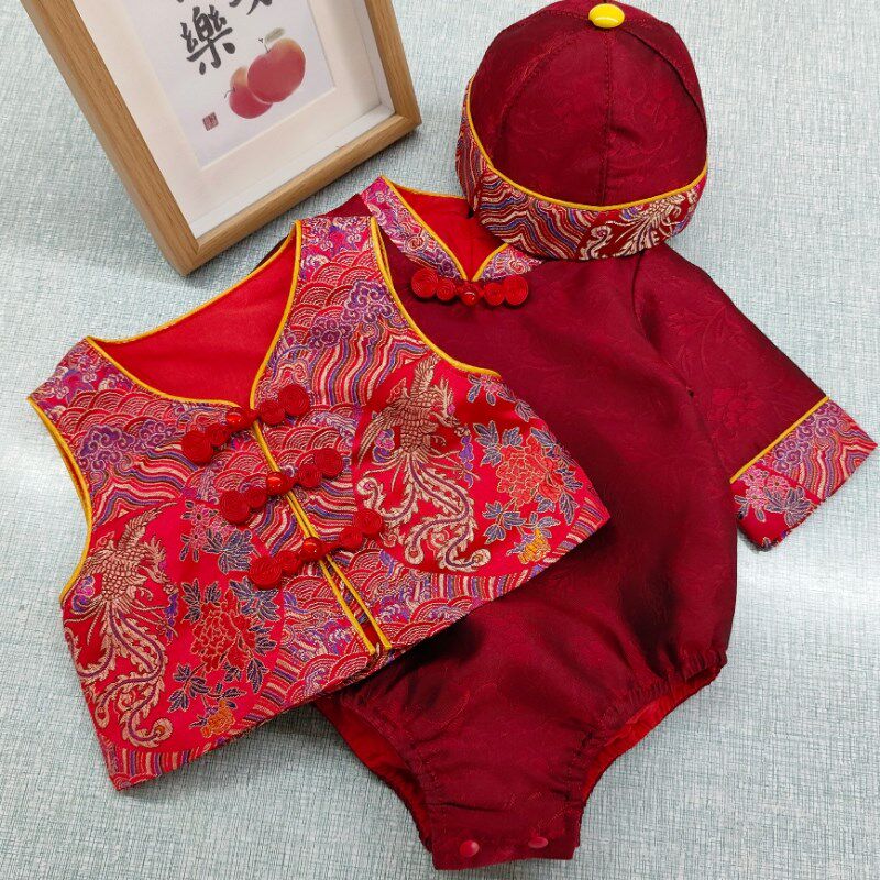 婴儿满月服百日宴新中式包屁衣周岁礼服男宝宝抓U周冠衣红色唐装