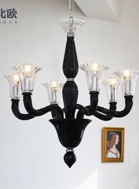 法式轻奢黑色穆拉l诺玻璃吊灯设计师创意美式复古客厅卧室餐厅灯