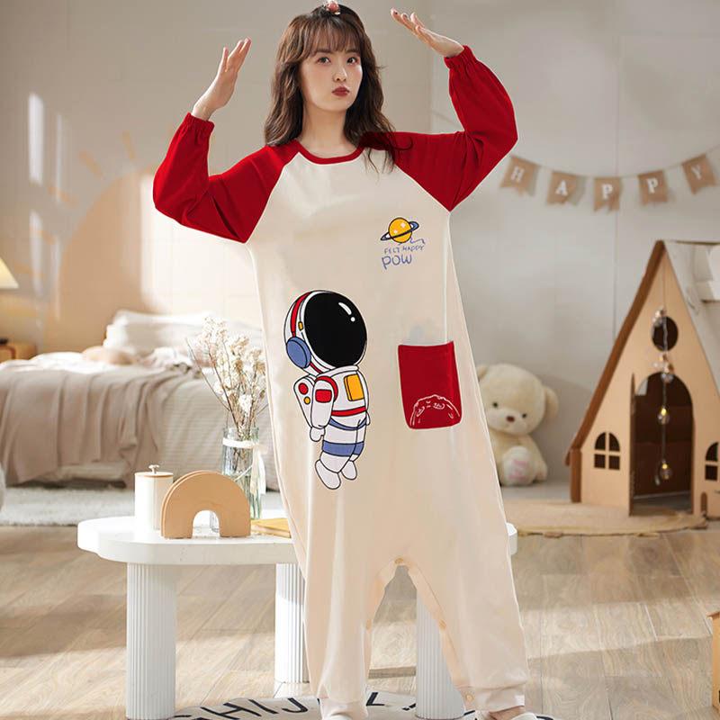 连体睡衣女d春秋款纯棉长袖可爱卡通宽松防走光两穿睡裙长款到脚