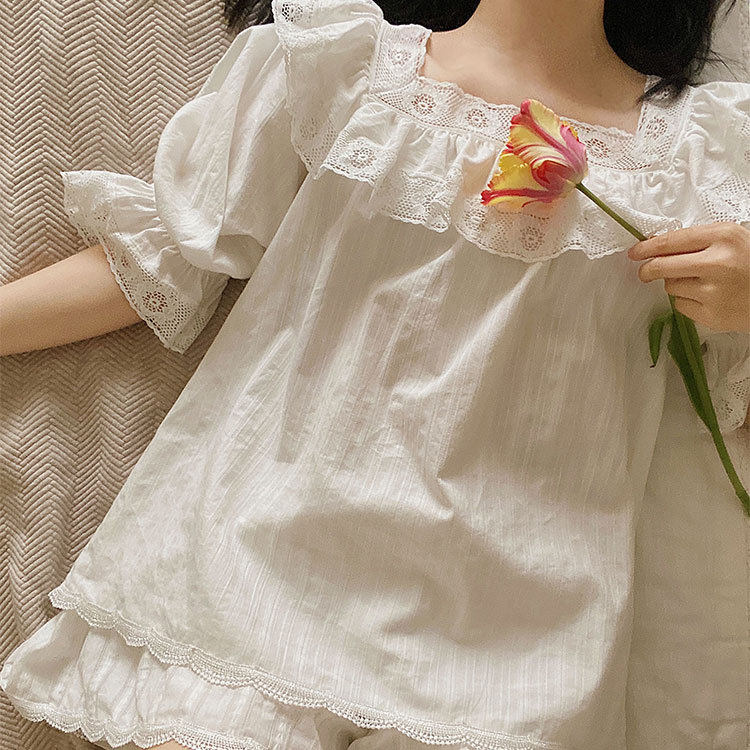 甜美纯棉睡衣女夏季宫廷s可爱全棉方领蕾丝家居服短袖外穿睡衣套