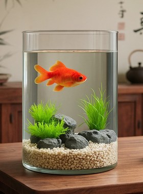 创意玻璃金鱼缸客厅水族箱小型生B态圆形圆柱大号乌龟缸造景培装