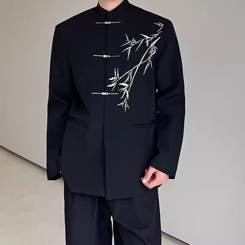 新中式男装飞机扣l中国风翠竹刺绣外套垫肩毕业典礼礼服男中山唐