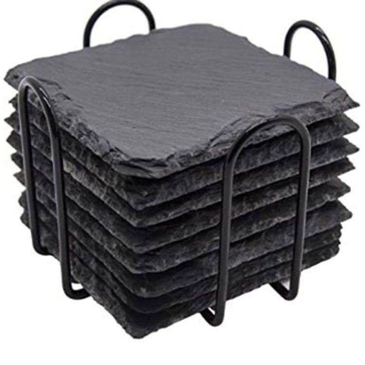 复古黑色圆形板岩杯垫套装岩石杯垫酒吧威士忌杯垫含铁架页岩杯垫