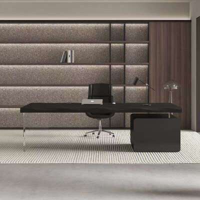 实木老板公桌轻抽奢极简纯黑色作台工家用书桌带IHM屉总裁桌椅组