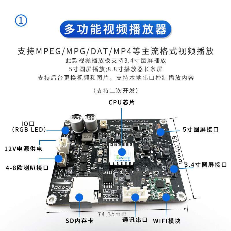 5寸圆形屏幕广告机 播放板SD卡播放视频3.4寸灯箱模型 圆屏播放器