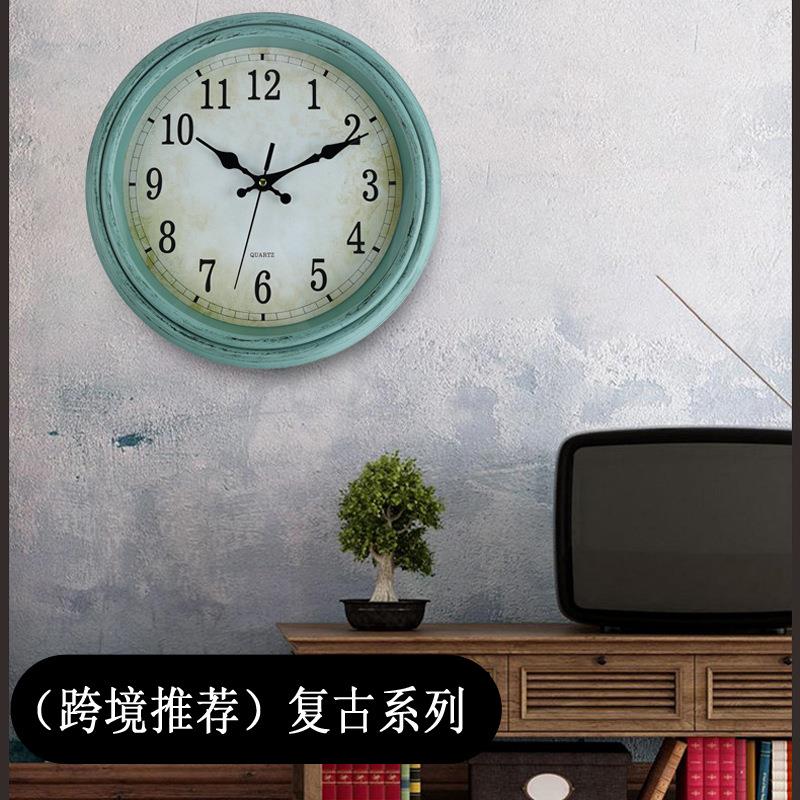 12寸复古钟表欧式挂钟挂表刷金掉色创意时钟静音石英钟亚马逊爆款