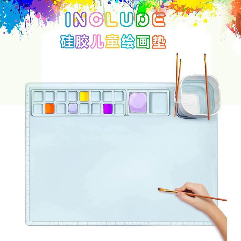 跨境爆款硅胶绘画垫易清洗儿童创意涂鸦垫多功能带调色盘美术垫