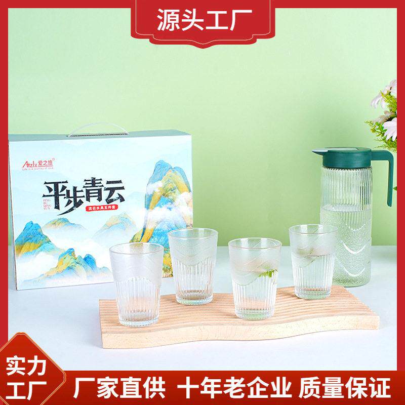 厂家直销无铅玻璃果汁壶冷水壶鸭嘴壶横纹壶八角壶花开富贵五件套