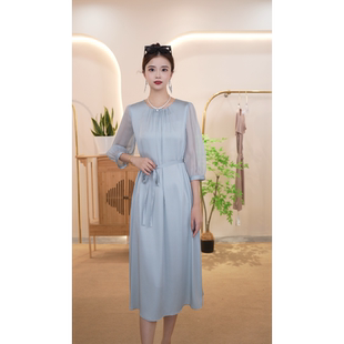 夏日会在晚餐后桑蚕丝19姆米弹力双乔圆领束腰显瘦中袖长款连衣裙