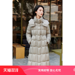 厂家直销老钱风连帽立领防风保暖气质显瘦收腰抽绳长款90绒羽绒服