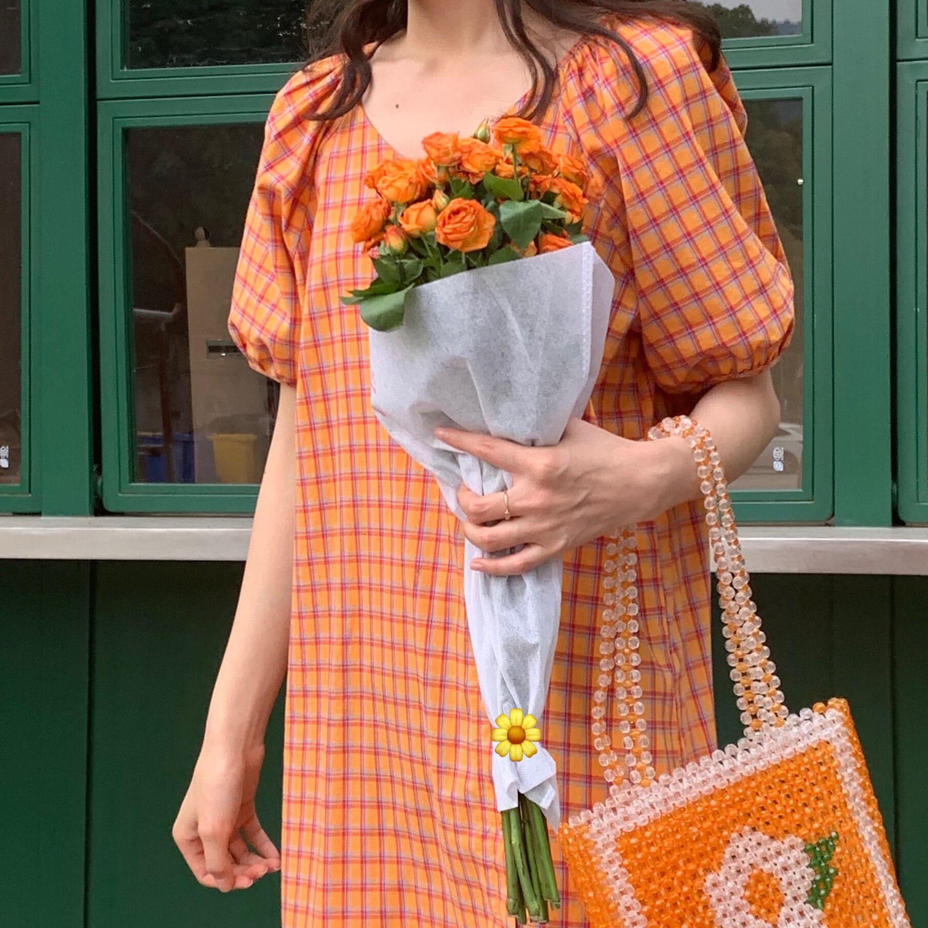 2025年夏季桔子汽水休闲格纹中长款鱼尾泡泡仙女短袖连衣裙格子