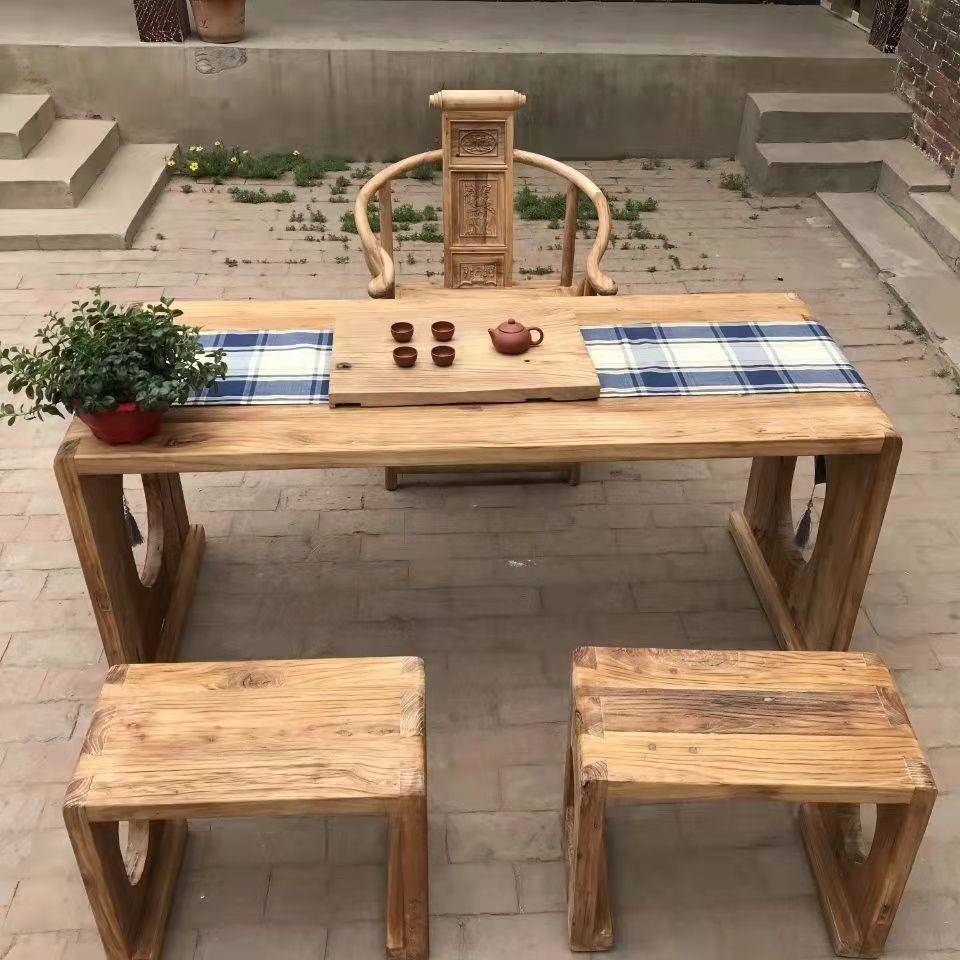 老榆木茶桌门板风化榆木餐桌家具复古怀旧长方形桌子凳子组合
