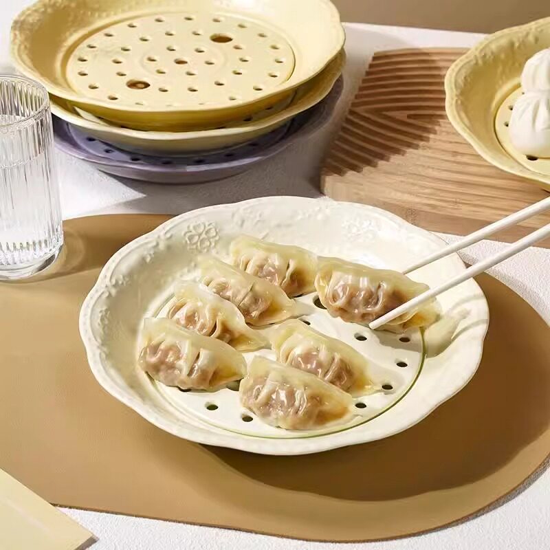 饺子盘沥水大号双层盘子高级感陶瓷饺子专用盘虾盘水果盘家用餐盘