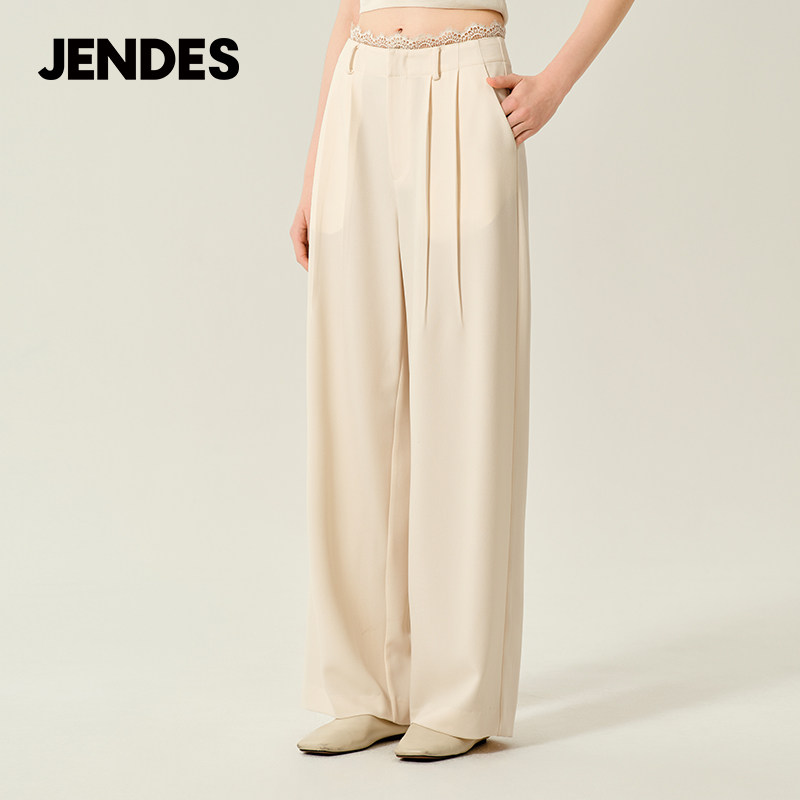 JENDES 秋季新品轻奢时尚女士蕾丝花边西装长裤休闲气质直筒裤子