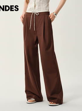 JENDES【昆凌同款】 深露咖棕 高腰松弛感松紧阔腿垂感休闲裤长裤