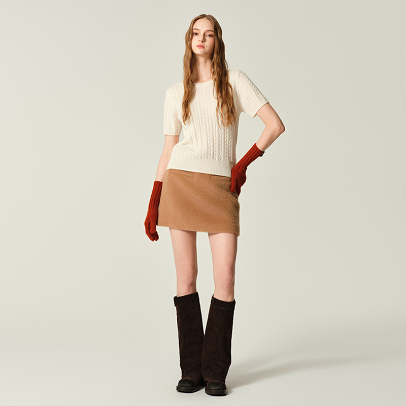 【汤曼妮粉丝专享】JENDES 绞花肌理感圆领毛针织衫短袖气质毛衫,女装/女士精品,毛针织衫,淘宝优惠券,粉丝福利购,淘宝优惠卷