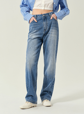 JENDES秋季新品高定气质轻奢女士牛仔裤时尚简约百搭直筒长裤