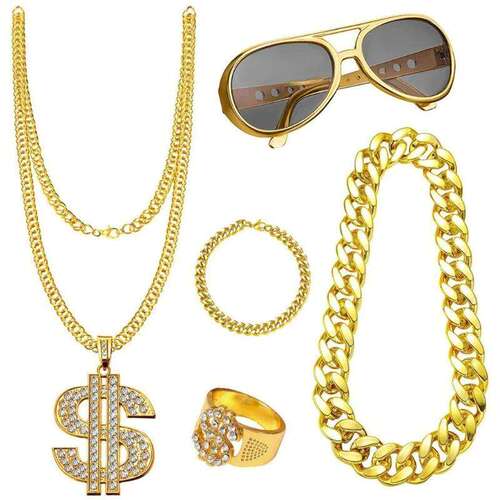 80/90s Hip Hop Costume Outfit Necklace Rings Sunglasses Hat