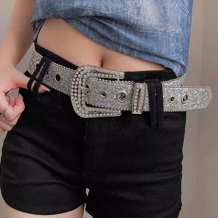 Hot girl style Rhinestone sequin belt美式辣妹风水钻宽腰带
