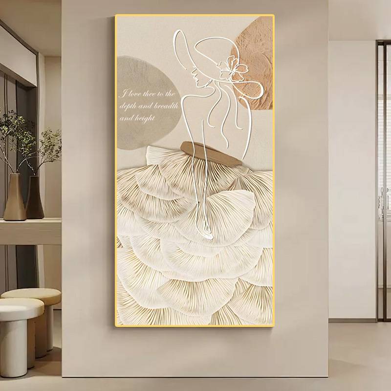 奶油风玄关装饰画抽象人物肌理画原木风走廊过道挂画入户进门壁画图片