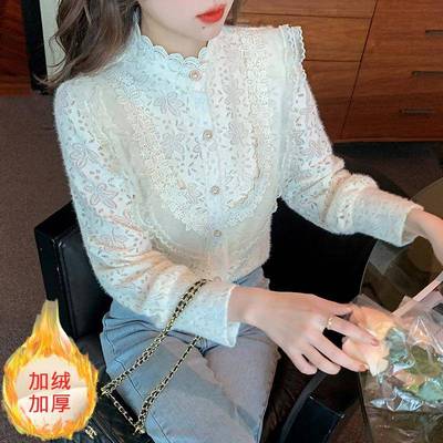 年新款长袖半高领加绒加厚蕾丝打底衫女秋冬内搭上衣洋气小衫