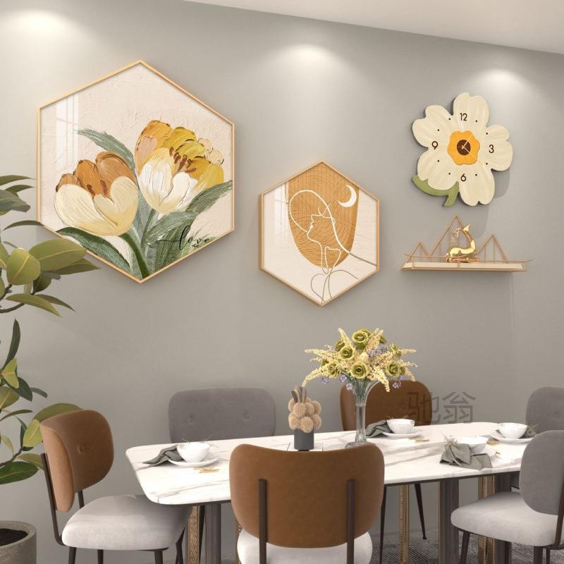 麓餐厅装饰画晶瓷小清新组合挂画创意花朵挂钟饭厅背景墙面六边图片