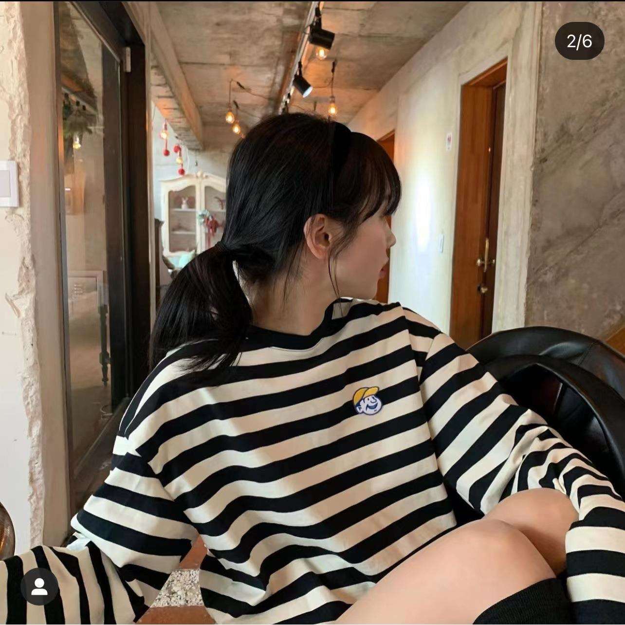 (柒柒)韩版随性Seoul Feel小黄帽刺绣美式复古风黑白条纹长袖t恤