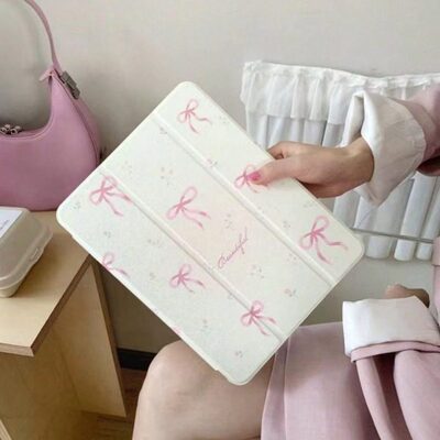 ins风粉色镜面蝴蝶结三折平板保护套适用于iPad Pro11/10th/10.5