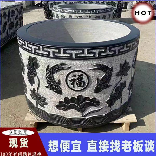 石雕花盆户外庭院摆件养鱼石缸仿古荷花缸雕塑装饰青石雕刻石圆缸