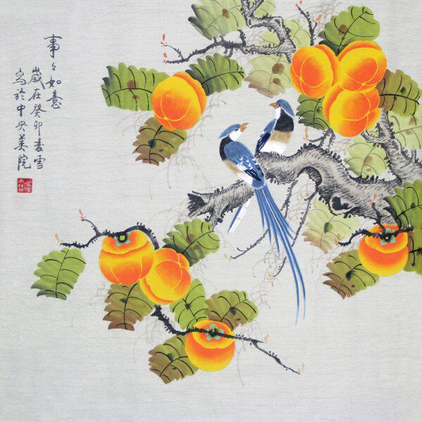 客厅餐厅玄关装饰字画凌雪纯手绘真迹现货国画花鸟画柿子事事如意