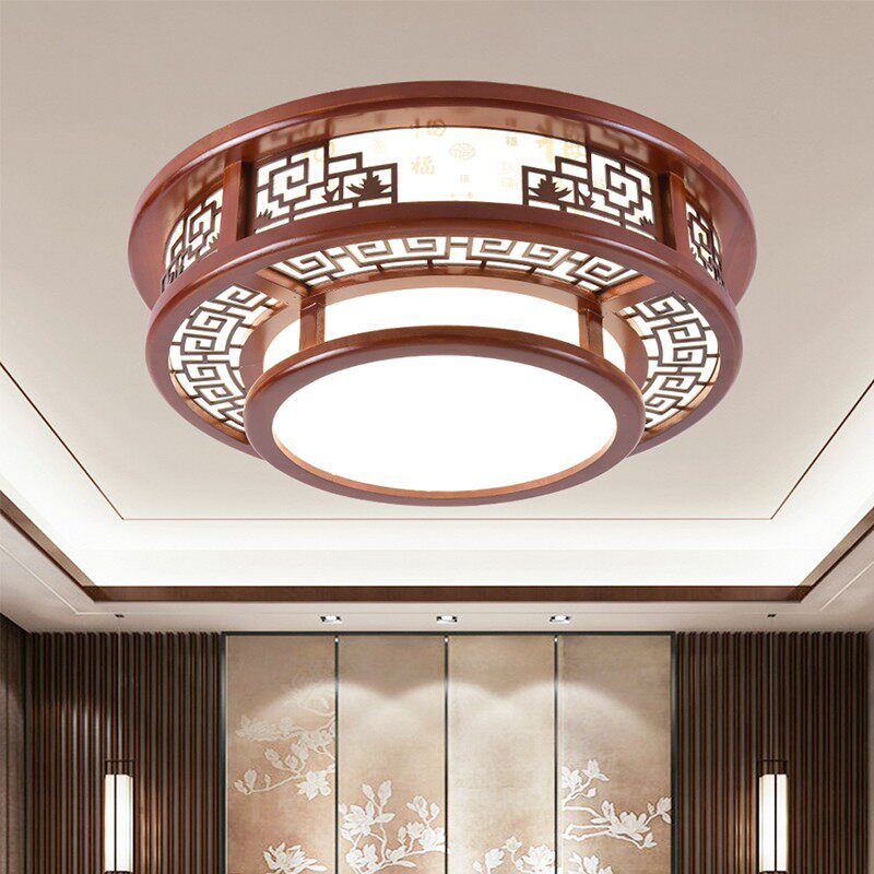 实木新中式吸顶灯客厅灯ledx圆形大厅灯仿古橡木灯具套餐木艺灯饰