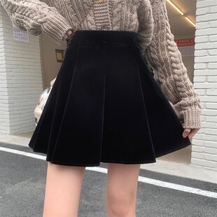 适合胯大黑色金丝绒半身裙女秋冬大码高腰防走光蓬蓬aZ字短裙伞裙