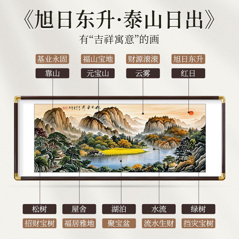 客厅东墙旭日东升挂画沙发背景墙装饰国画山水画靠山图.办公室字