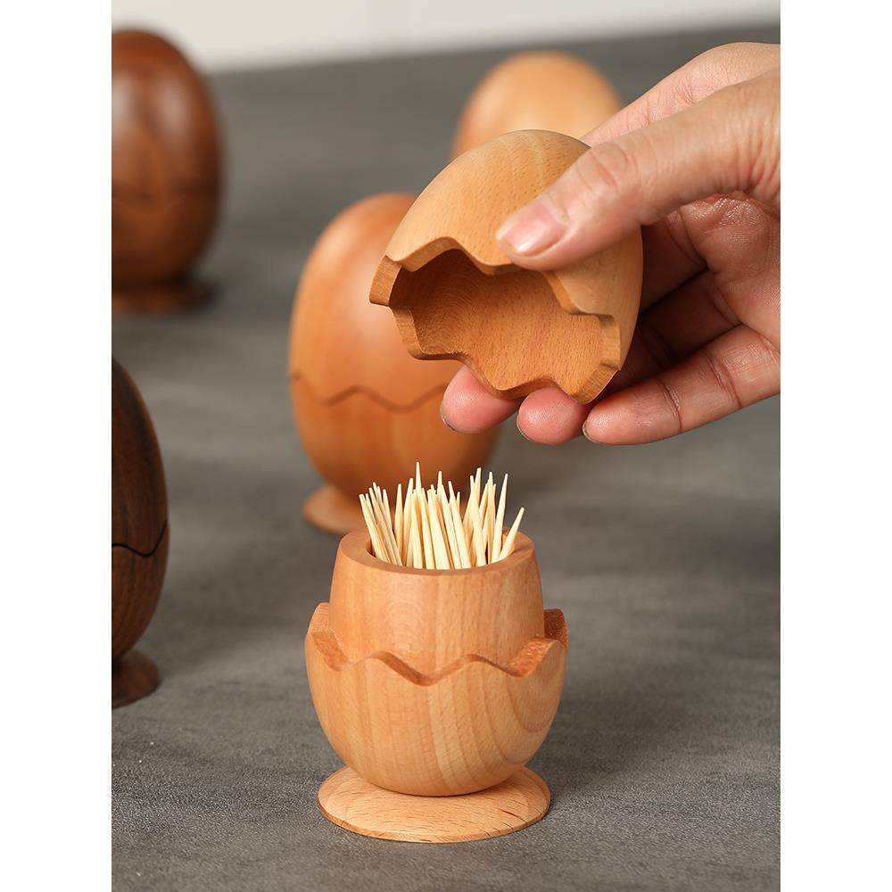 实木创意牙签筒家用原木个性牙签盒黑胡桃可爱木质卡通蛋壳牙签罐