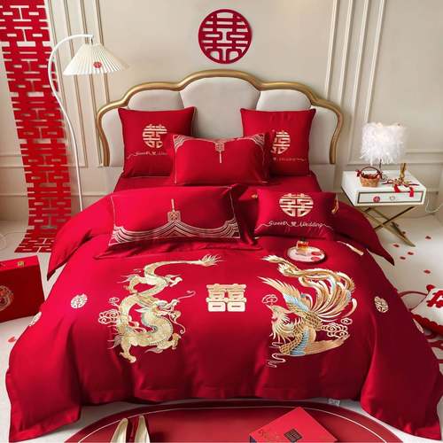 磨毛结婚床上用品新中式刺绣四件套备婚好物红色六件套龙凤刺绣
