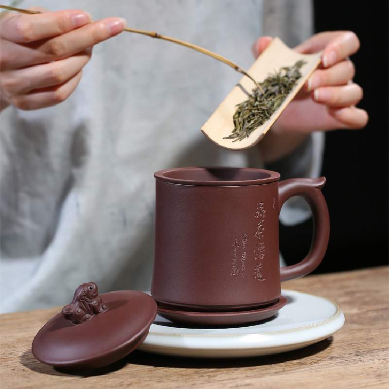宜兴紫砂杯带过滤内胆茶隔原矿紫泥纯色盖杯男女士款办公茶杯套装