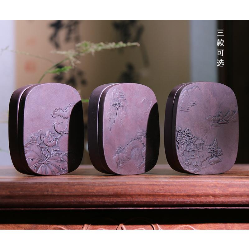 文博端砚4寸荷花石盖套砚江南水乡5寸6寸密封墨海磨墨