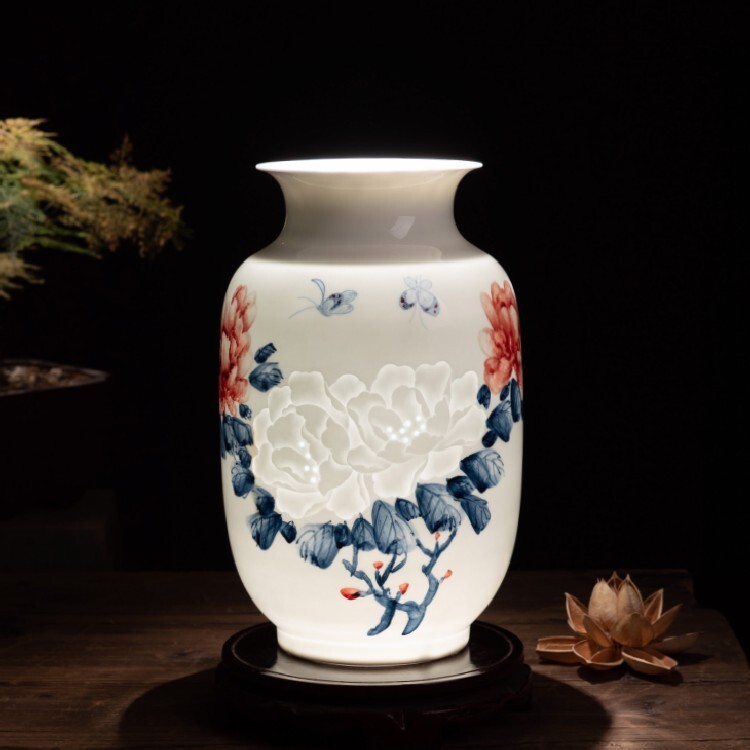 陶瓷手绘薄胎透光瓷花鸟半刀泥花瓶冬瓜瓶摆件中式客厅装饰品摆件