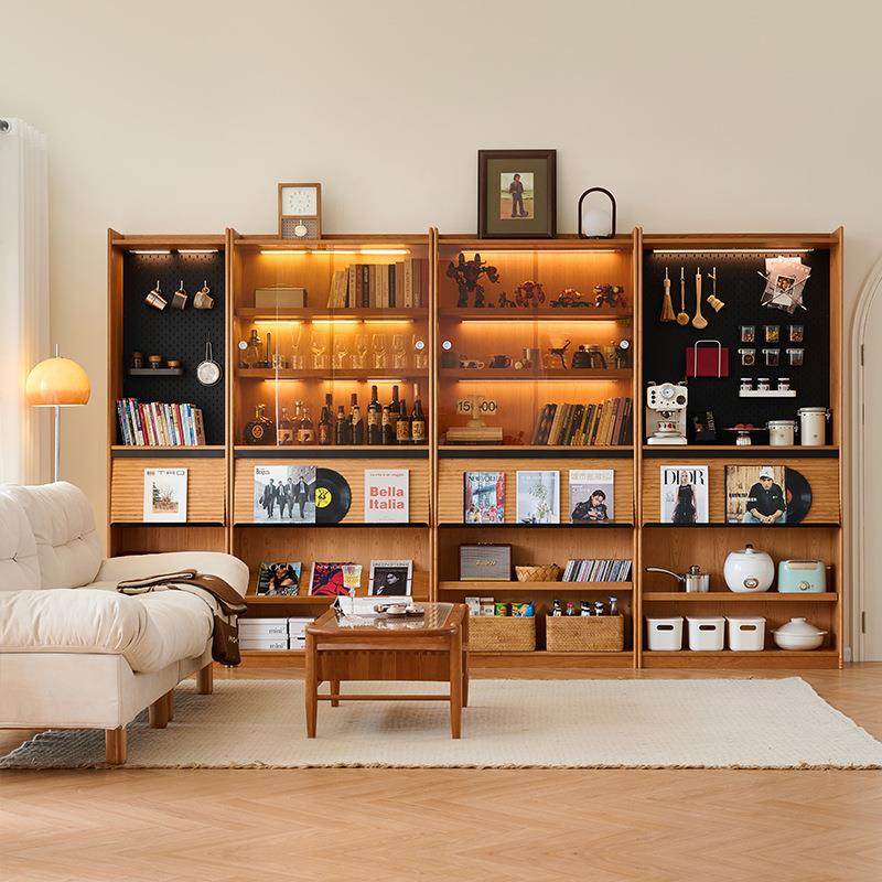 XZ全实木书柜樱桃木整墙置物架一体落地丛山组合书架满墙展示柜