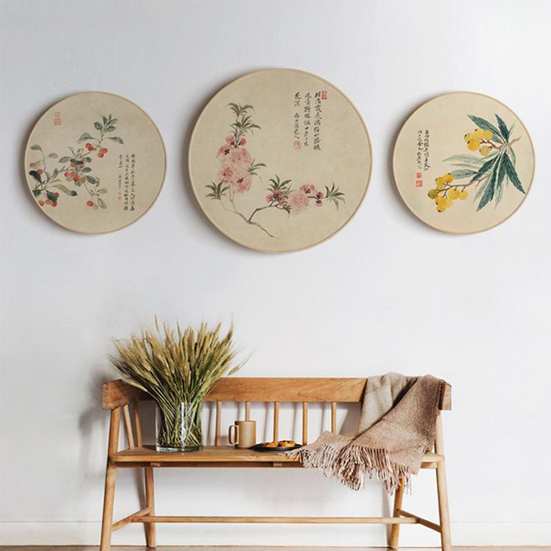 【折扣价】新中式圆形玄关装饰画花卉客厅沙发背景墙挂画实木框组图片