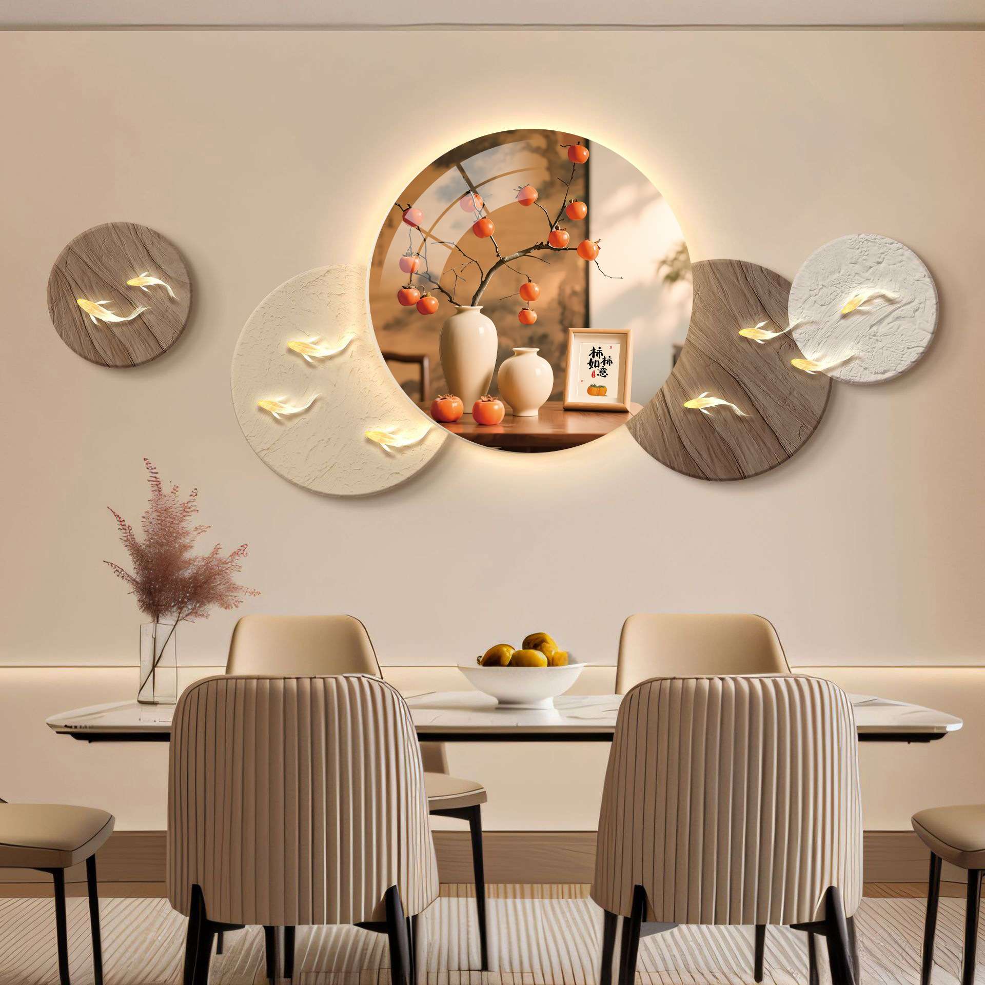 现代轻奢入户玄关装饰画寓意好餐厅装饰发光灯画大气九鱼壁画图片