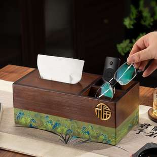 奢新985中式客收厅桌面纸巾盒意家用抽纸轻纳创装饰酒店实木摆件