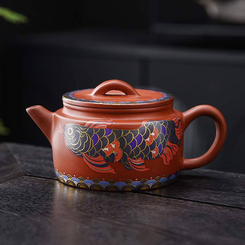 新款紫砂茶壶家用功夫泡茶器单个国潮青花龙鱼汉瓦壶球孔过滤