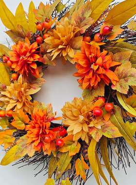 花2025感恩节花秋环枫叶季花环环ULZ枫叶枯枝丰收节花圈门墙装饰