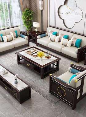 新中式发沙发现代约古典轻IDK奢客厅禅意中式家具全实木简布艺沙