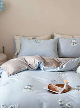 奶乎毛乎～10S0高支磨床上四件套纯棉床单被套卡通lt~白色巾毛绣