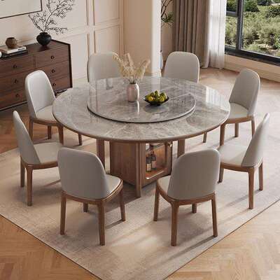 实木板餐桌现代圆简约轻奢岩家用圆56119桌带储物箱收纳饭桌形子