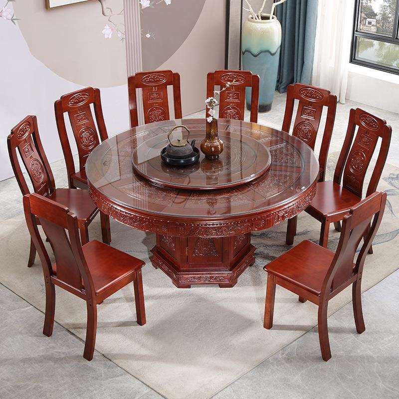 中式全实木圆餐桌椅合家用带转盘大圆桌酒雕店10人橡木花饭组1形